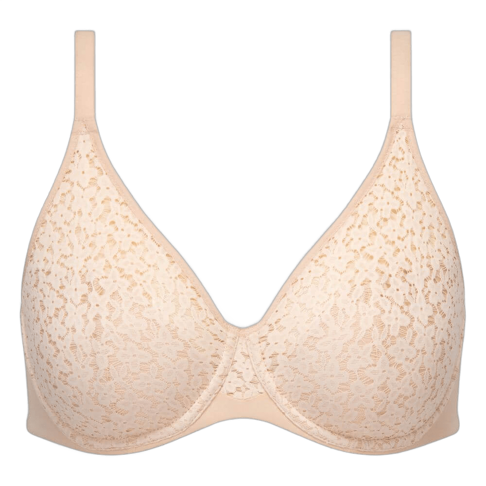 Chantelle EasyFeel Norah 145142 bh med bøjle og blonder i gyldenbeige med justerbare stropper på hvid baggrund.