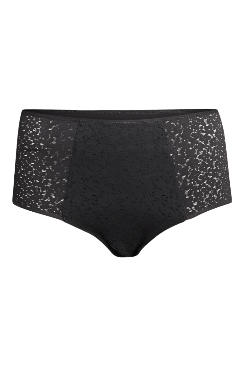 Chantelle EasyFeel Norah 011 Sort: Sort maxi-trusse i blonder med blonde-detaljer, ensfarvet forside, på hvid baggrund.