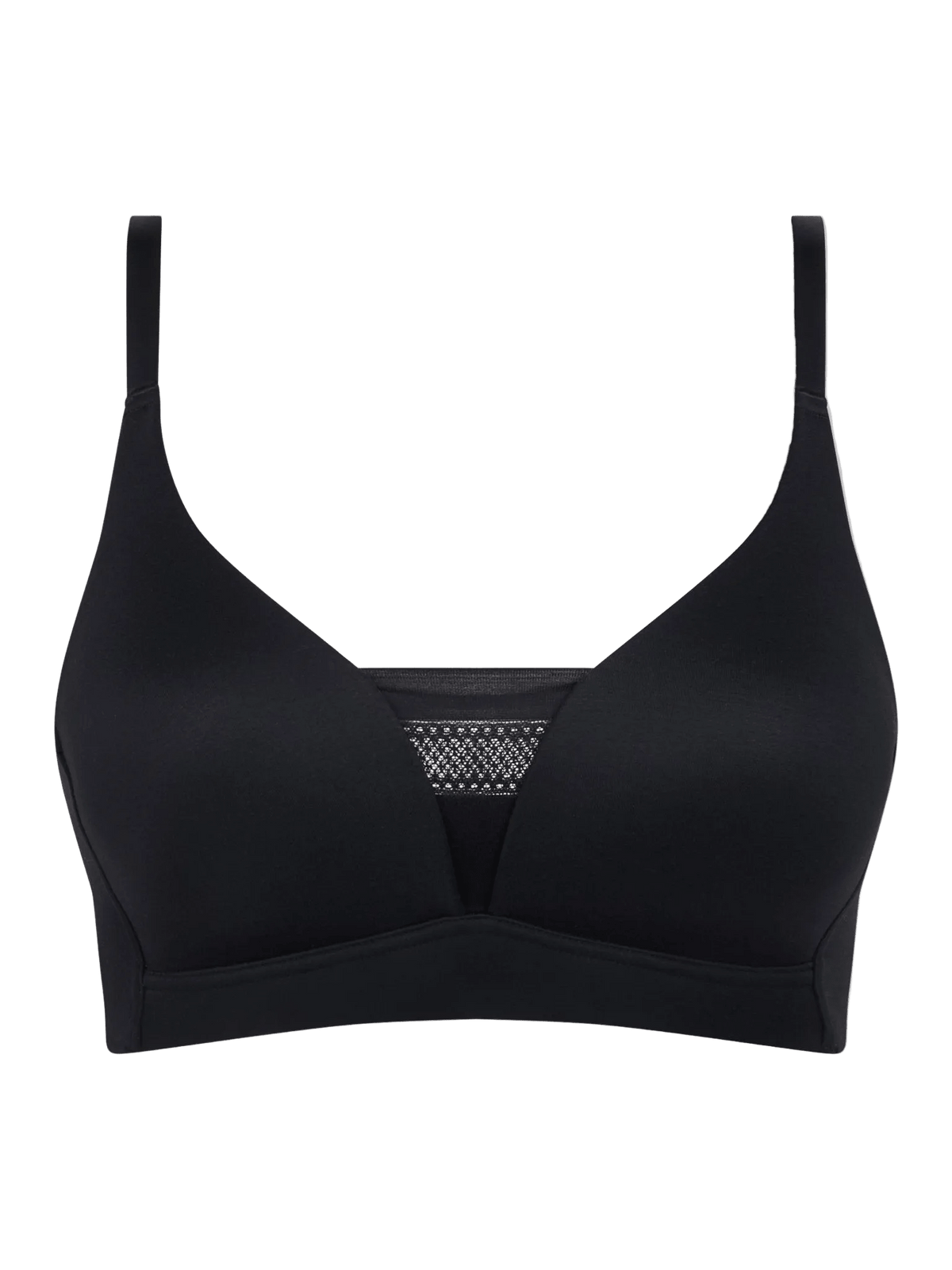 Chantelle EasyFeel 152527: Sort trådløs bh med tynde stropper og mesh-indsats, vist på hvid baggrund.