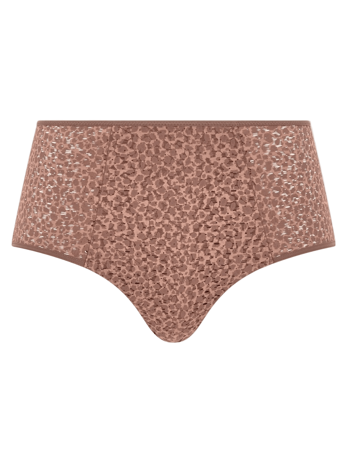 Chantelle EasyFeel Norah Wild Brown-trusser med høj talje og leopardmønster i et sømløst design på hvid baggrund.