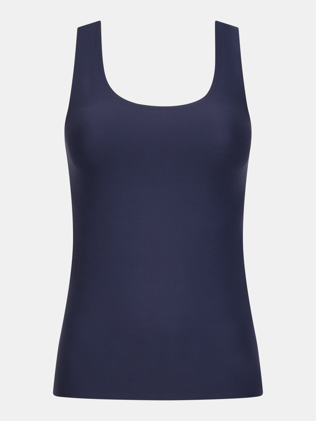 Chantelle Seamless – Blød stretch-top, mørkeblå: Ærmeløs, rund halsudskæring, vist på hvid baggrund.