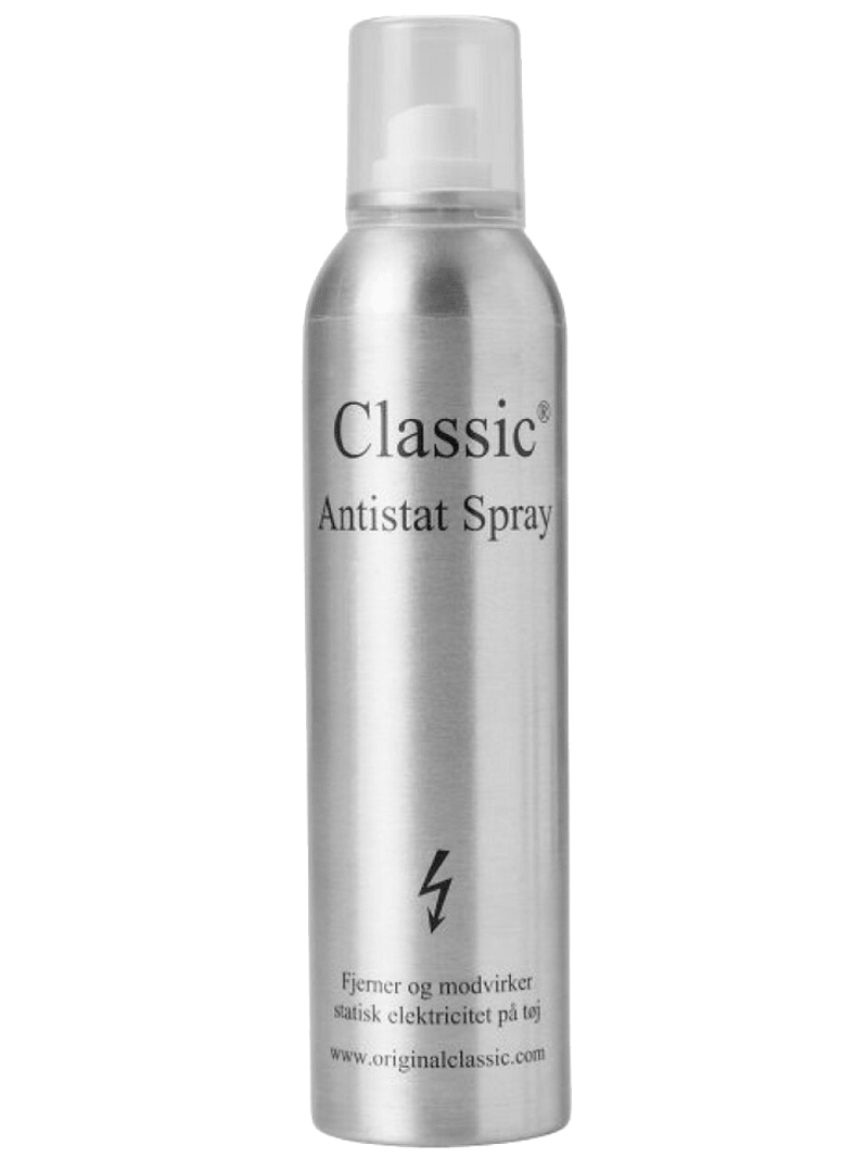 Classic Antistat Spray 225 ml fra Classic: Sølvfarvet dåse til tekstilpleje, effektiv mod statisk elektricitet.