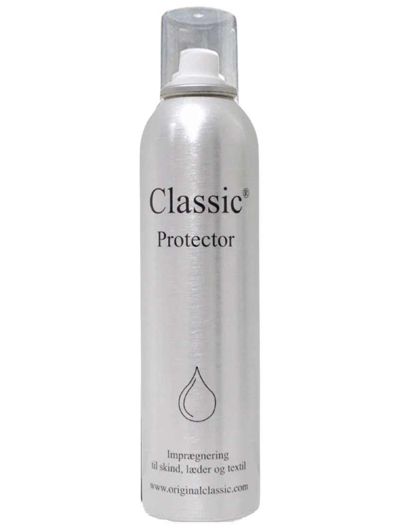 Classic Protector 225 ml spray fra Classic, til læder-, hud- og tekstilbeskyttelse; sølvfarvet dåse med dråbeikon.