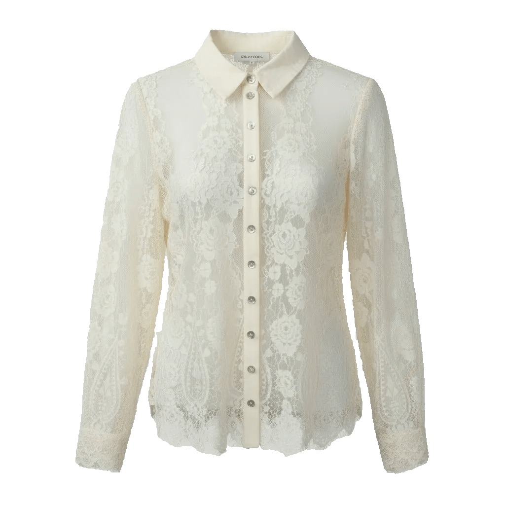 FORTSÆT – Paloma: Offwhite langærmet bluse i blonder med knapper og krave.