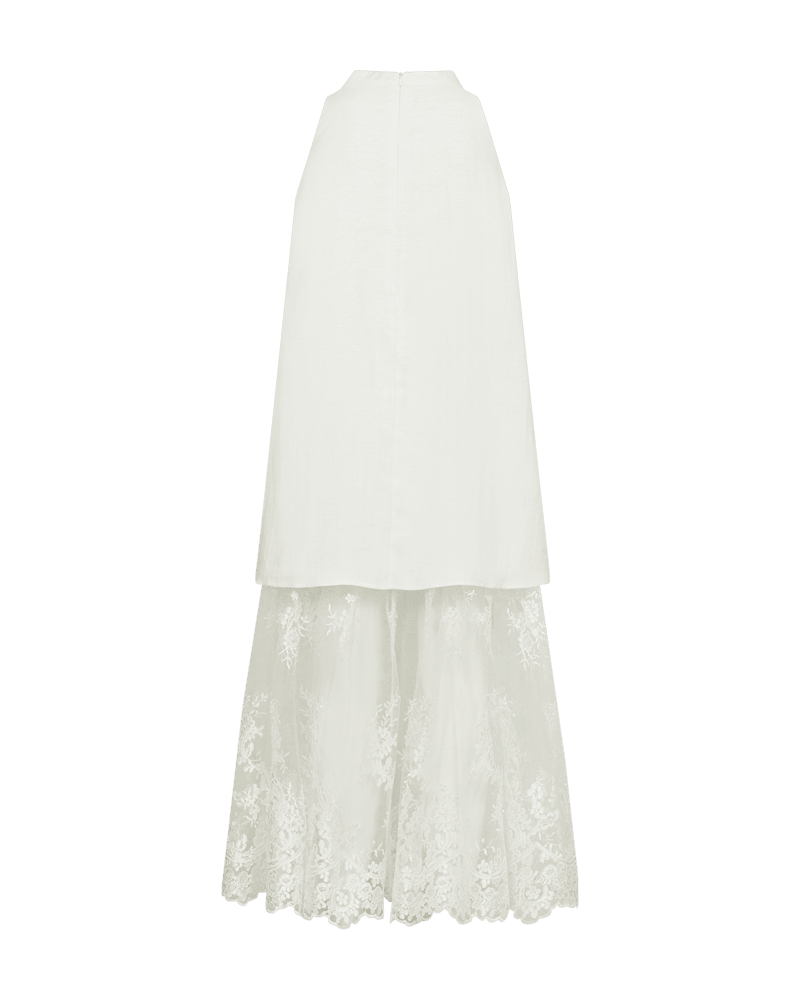 København Muse Tenley Off White-kjole med ensfarvet overdel og gennemsigtig blonderkjole, vist på ensfarvet baggrund.