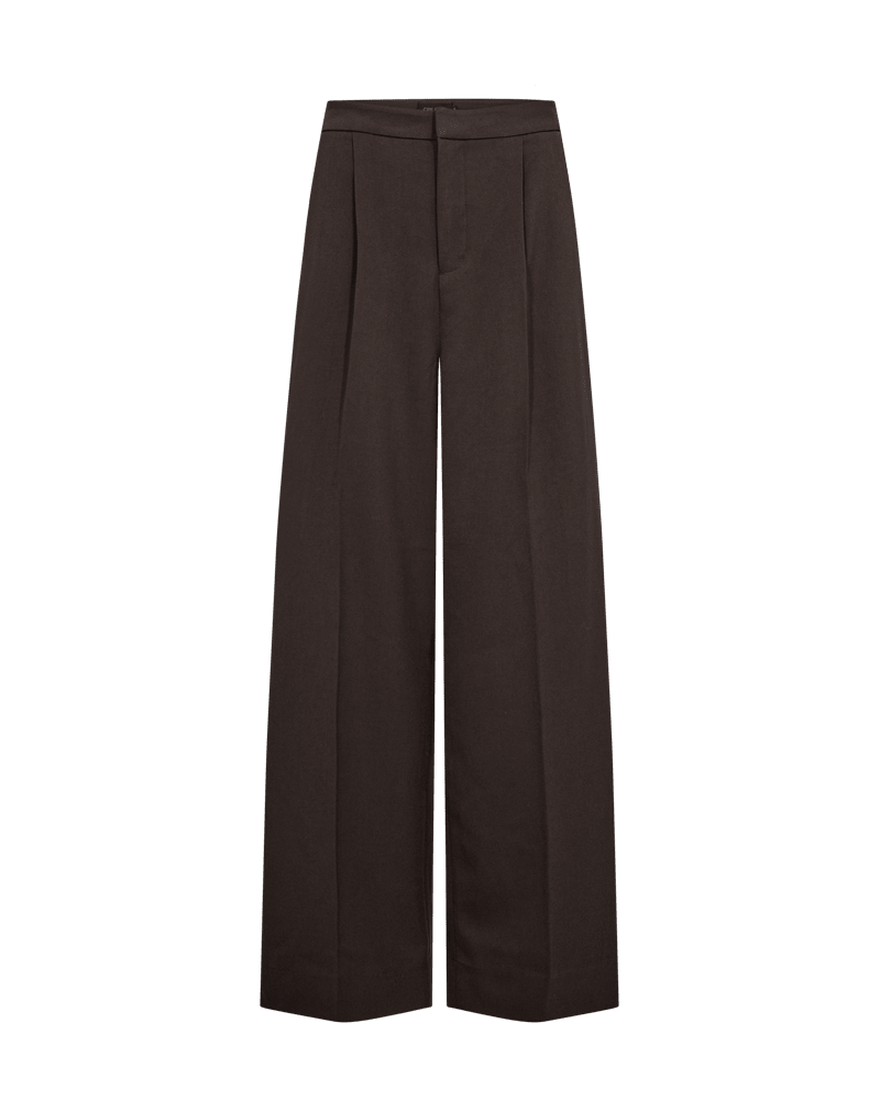 Copenhagen Muse 155205 Tailor mørkebrune bukser: høj talje, brede ben, læg foran og skjult lukning.