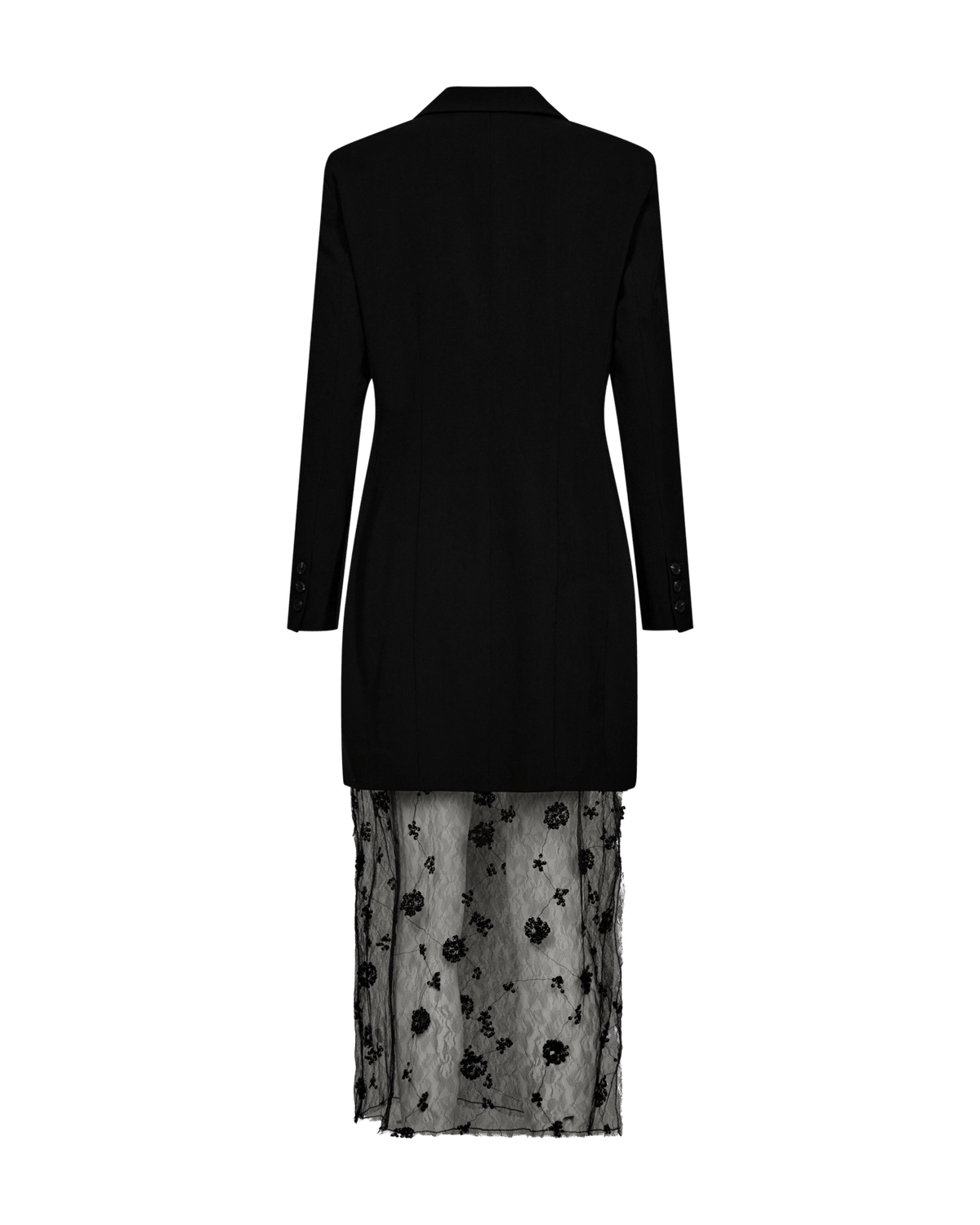 Bagfra set af 156465 Copenhagen Muse – CMWenja Sort blazer-kjole med en sort, gennemsigtig midi-nederdel i blonder.