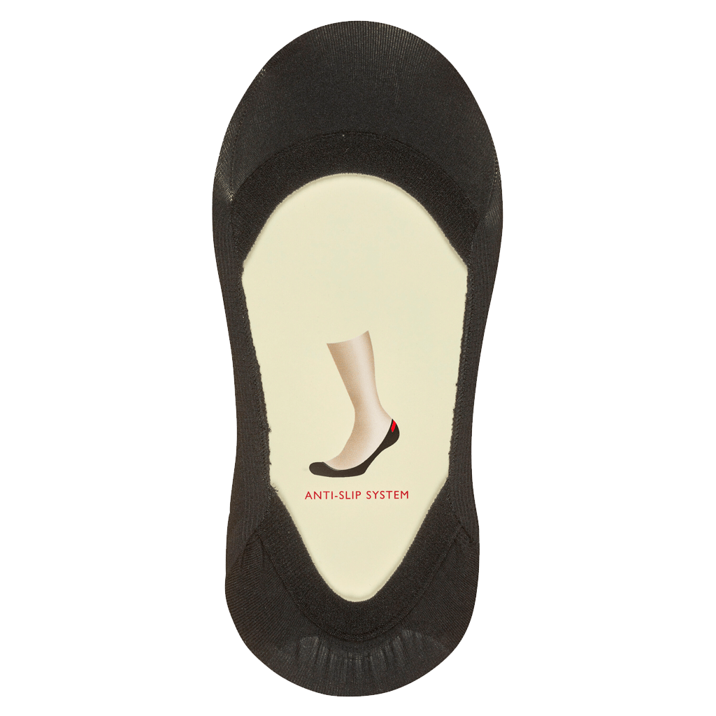 Falke ELEGANT STEP sorte F-fodvarmere med skridsikker hæl og »ANTI-SLIP SYSTEM«-tryk på indersiden.