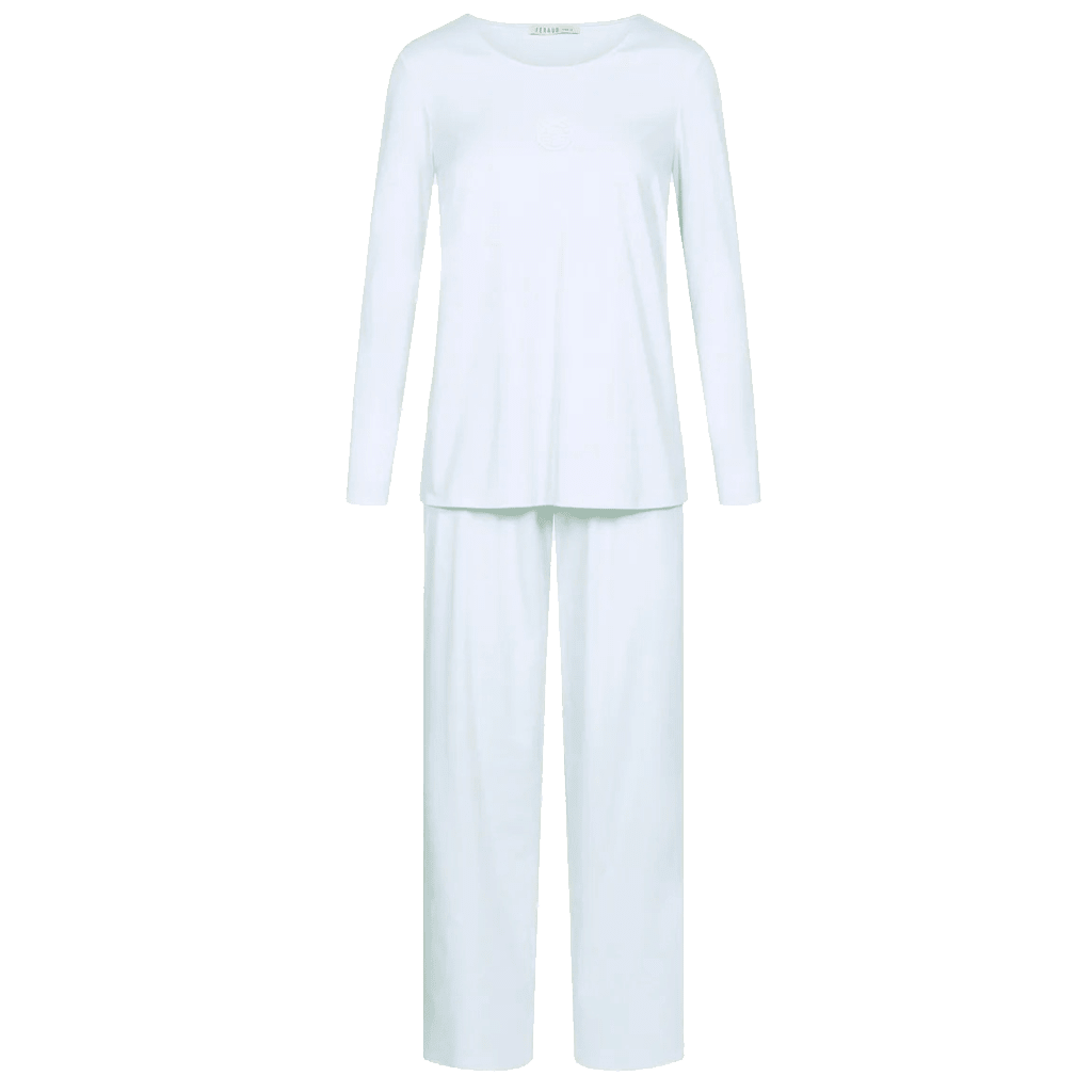 Feraud 3883013 Lyseblå: Lysblåt pyjamasæt med langærmet bluse og bukser, vist på hvid baggrund.