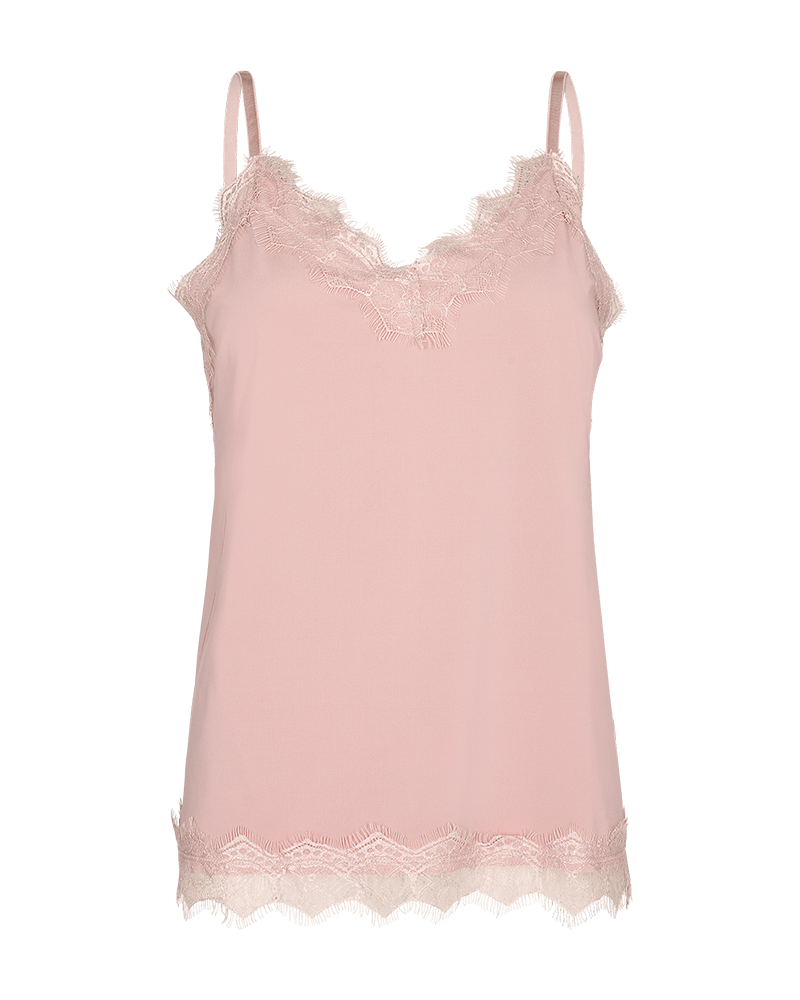 Freequent Bicco Rosa-top i lyserød med blonderkant og justerbare stropper, der giver et feminint og delikat look.