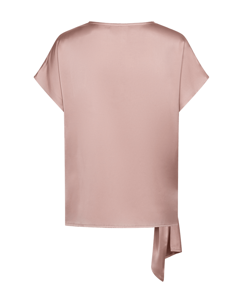 Freequent Dova Rosa: Lys lilla, kortærmet bluse med lige snit og en elegant, asymmetrisk knudedetalje på den ene side.