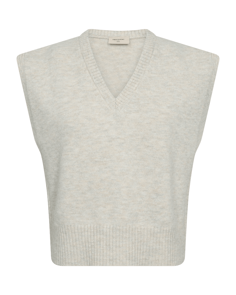 Dustin Beige, a light grey sleeveless knit vest from Freequent (style 155348), crafted in a soft wool blend with a V-neckline and ribbed hem, displayed against a white background. The tag inside the collar is visible.