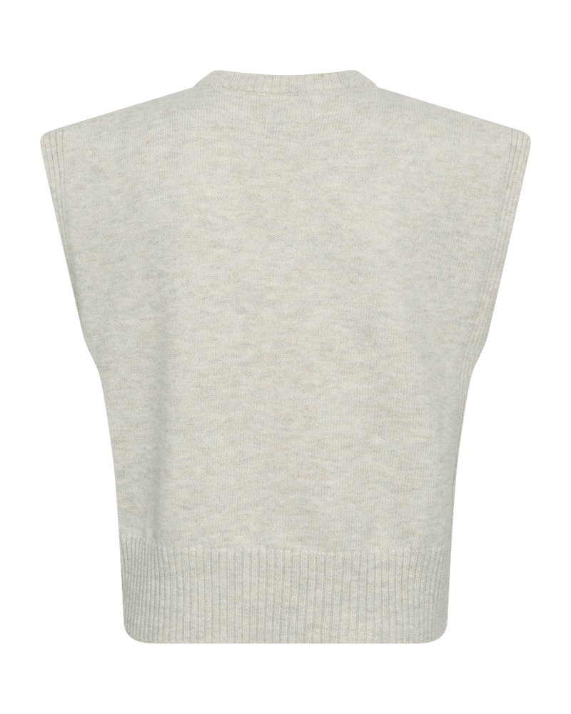 A beige Freequent strikvest, product name 155348 | Freequent - Dustin Beige, shown from the back, featuring a uldblanding for softness, with ribbed hem detailing at the bottom and a simple, minimal design.