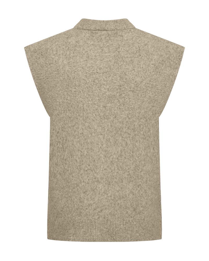 Freequent 155456 Alpa Sand – ærmeløs beige strikvest til kvinder, vist bagfra på hvid baggrund.