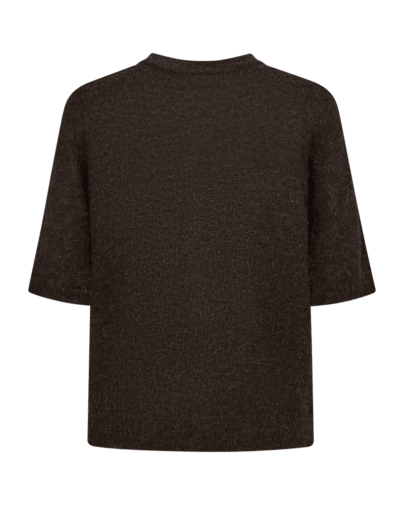 Mørkebrun DIDO Kaffe-cardigan fra Freequent, kortærmet strik, set bagfra på en ensfarvet hvid baggrund.