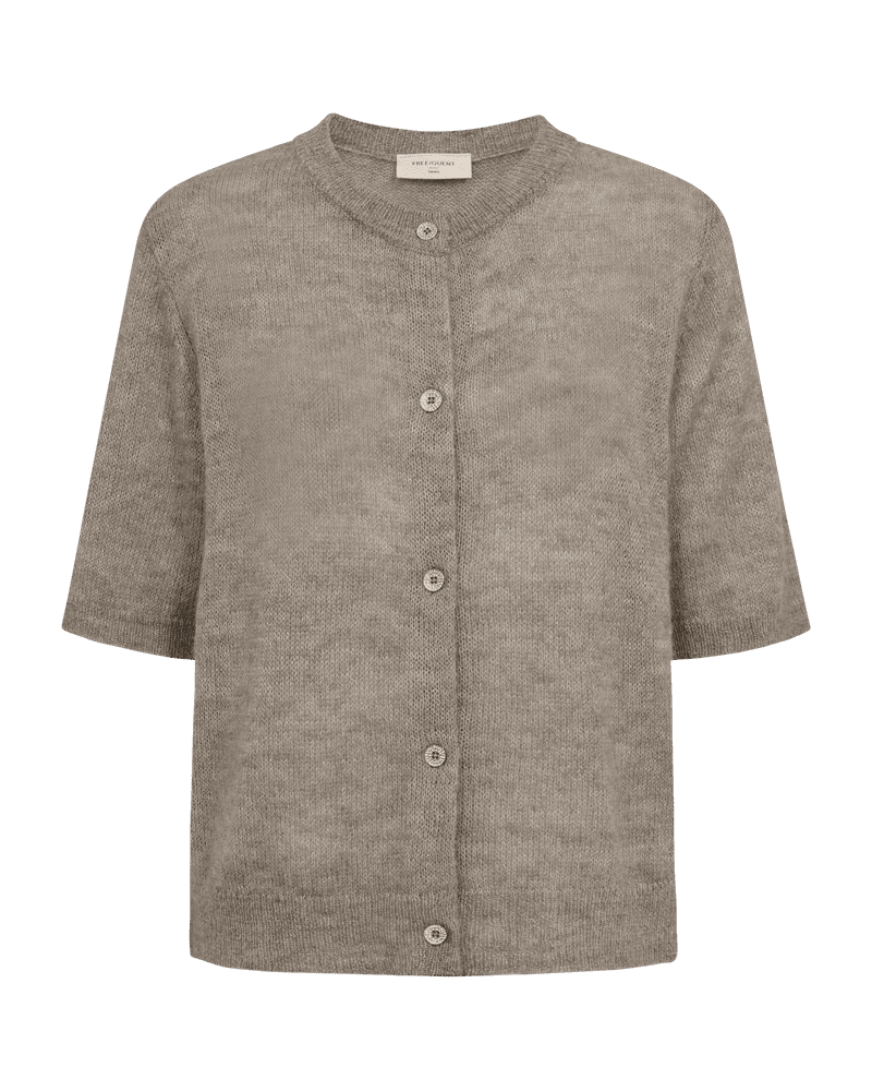 Freequent 155469 DIDO Brunmeleret: lysebrun cardigan i uld og alpaka med rhinstenknapper, korte ærmer og rund halsudskæring.