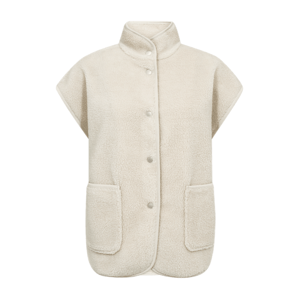 Den cremefarvede 155610 Teddy-vest fra Freequent har trykknapper, lommer foran og en høj krave.
