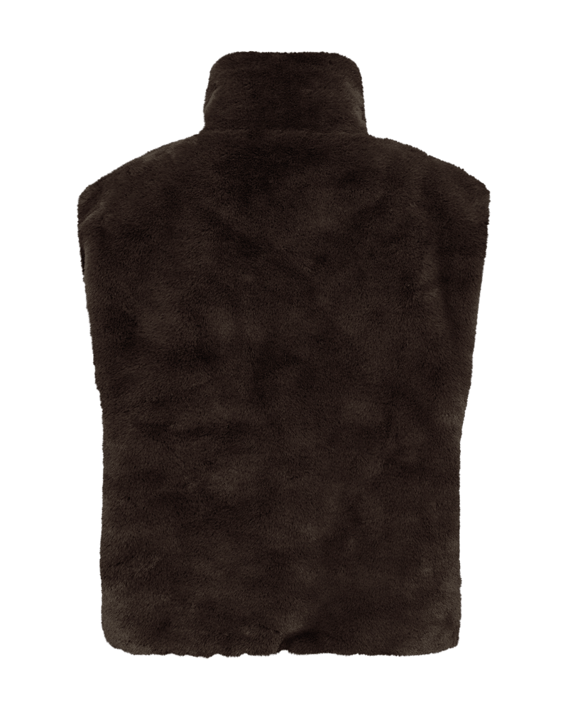 Freequent Fony Mørkebrun 155760-vesten er ærmeløs, blød og mørkebrun og ses her set bagfra på en hvid baggrund.
