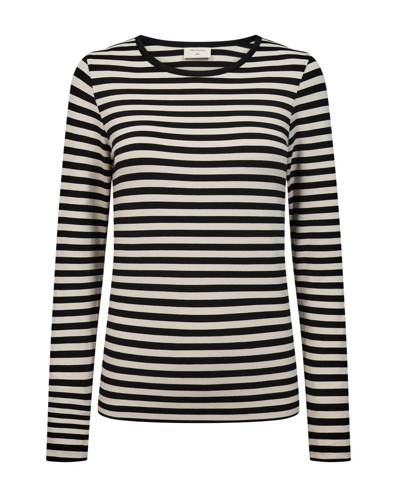 Freequent Liana Sort 155812, langærmet T-shirt med rund hals i sorte og hvide striber på en ensfarvet hvid baggrund.