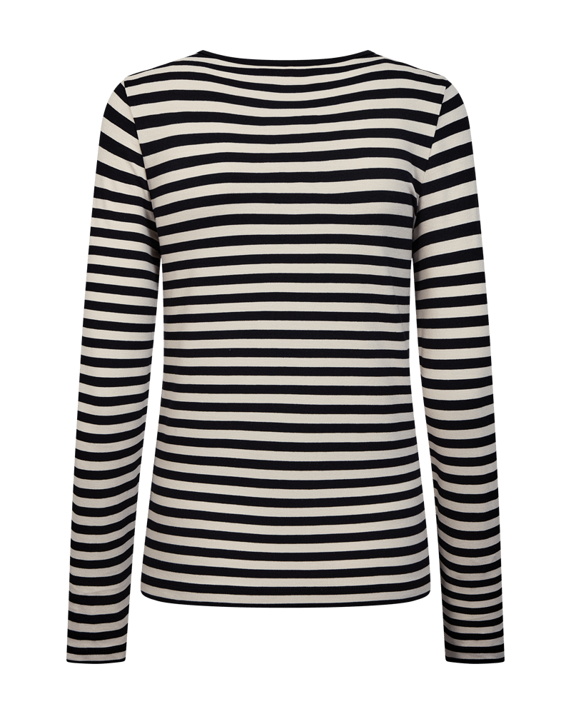Freequent Liana Sort 155812 langærmet T-shirt med sorte og hvide striber, vist bagfra på hvid baggrund.