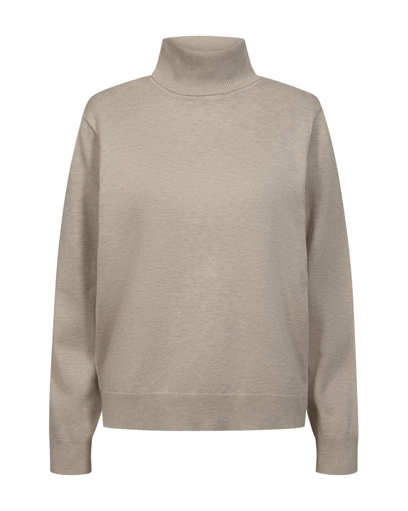 Freequent Katie Sand – beige strikbluse med lange ærmer, set forfra på hvid baggrund.