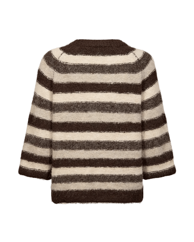 Bagfra-billede af Freequent Lulu Brun-strikblusen med brune og beige striber, vist på en ensfarvet hvid baggrund.
