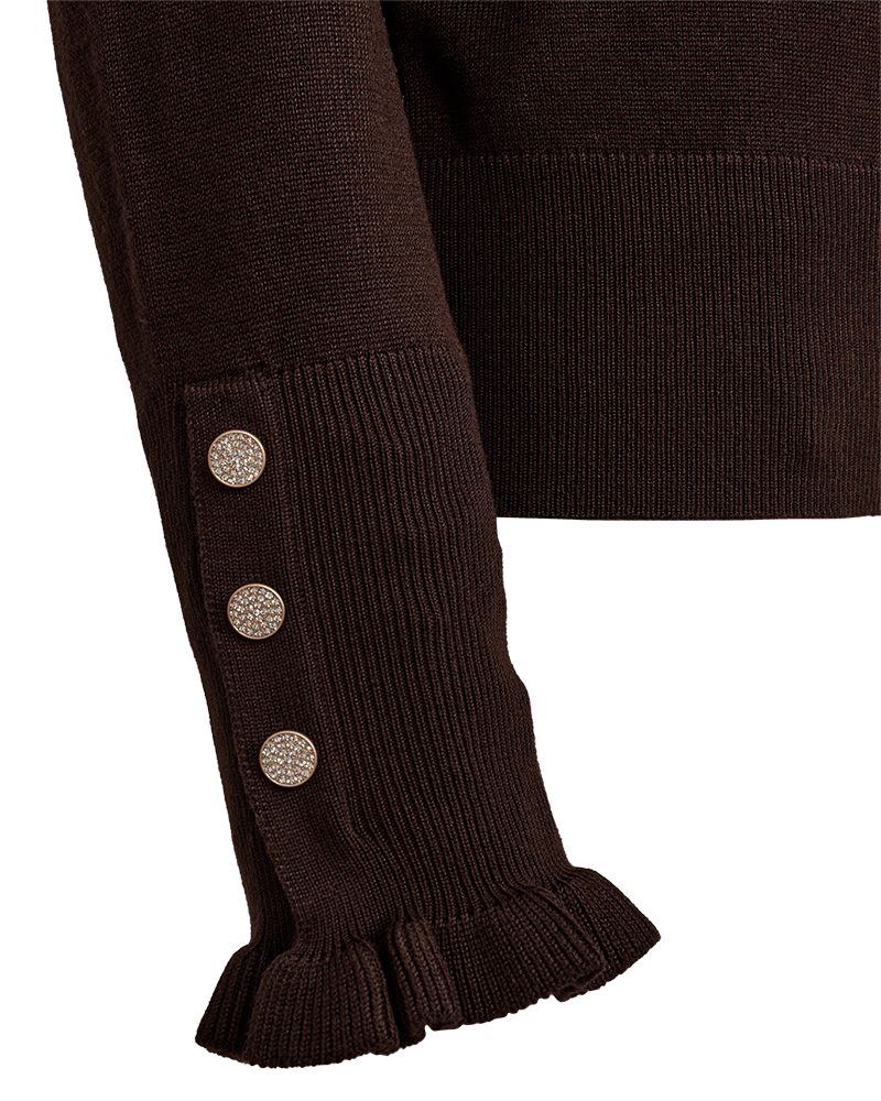 Freequent – Katie Mørkebrun mørkebrun sweater med ribkant ved ærmerne, flæsekant og tre knapper med sten.