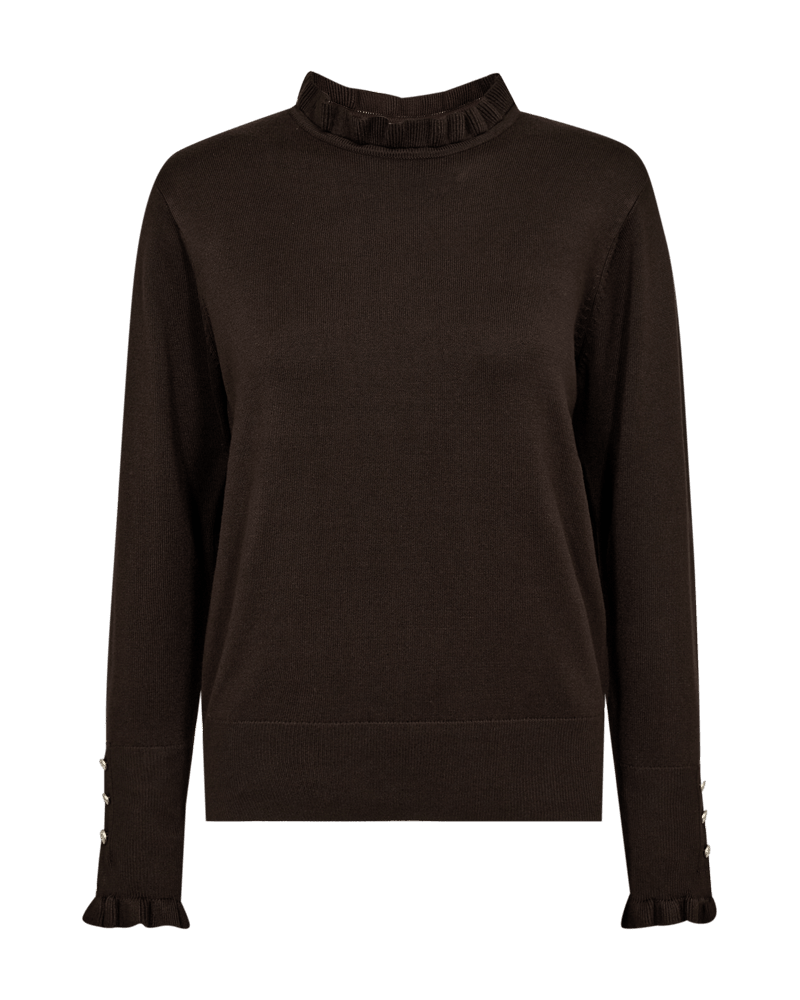 Freequent Katie Mørkebrun langærmet sweater i mørkebrun med flæset krave og flæset manchetter med knapper.