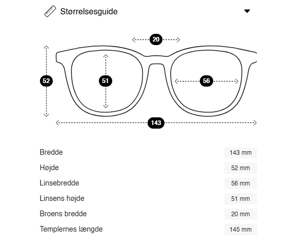 Stregtegning af GLAS 150655 af Natalie Mørkebrun, med angivelse af mål i mm, med 100  UV-beskyttelse.