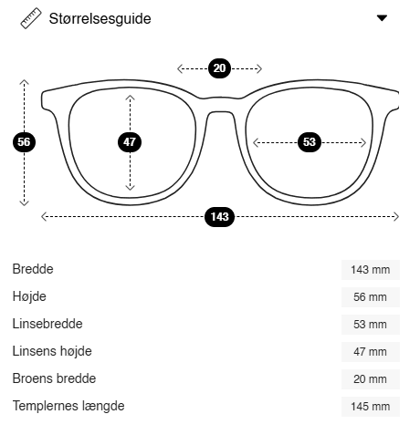 Tegning af GLAS 152277, Kate Brun-mønsteret, med angivelse af mål for bredde, bro, stænger og glas på stellet.