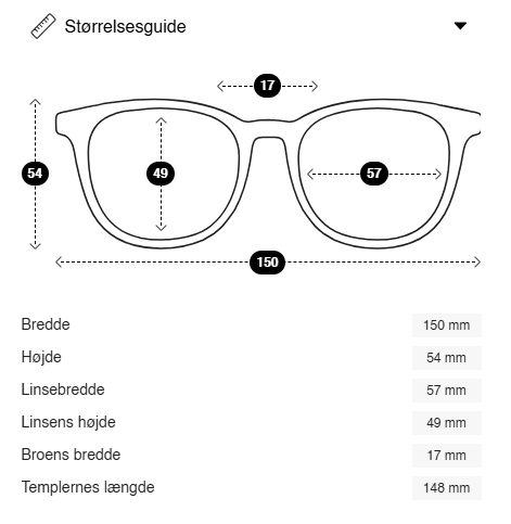 Sort ramme på GLAS læsebriller 152282, med angivelse af glas- og brobredde – perfekt til et bredt ansigt.