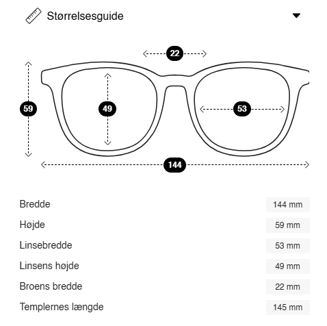 Oversigtsdiagram over GLAS – Mio Camel oversize-briller, der viser bredde, glasstørrelse, næsebro og stanglængde i millimeter.