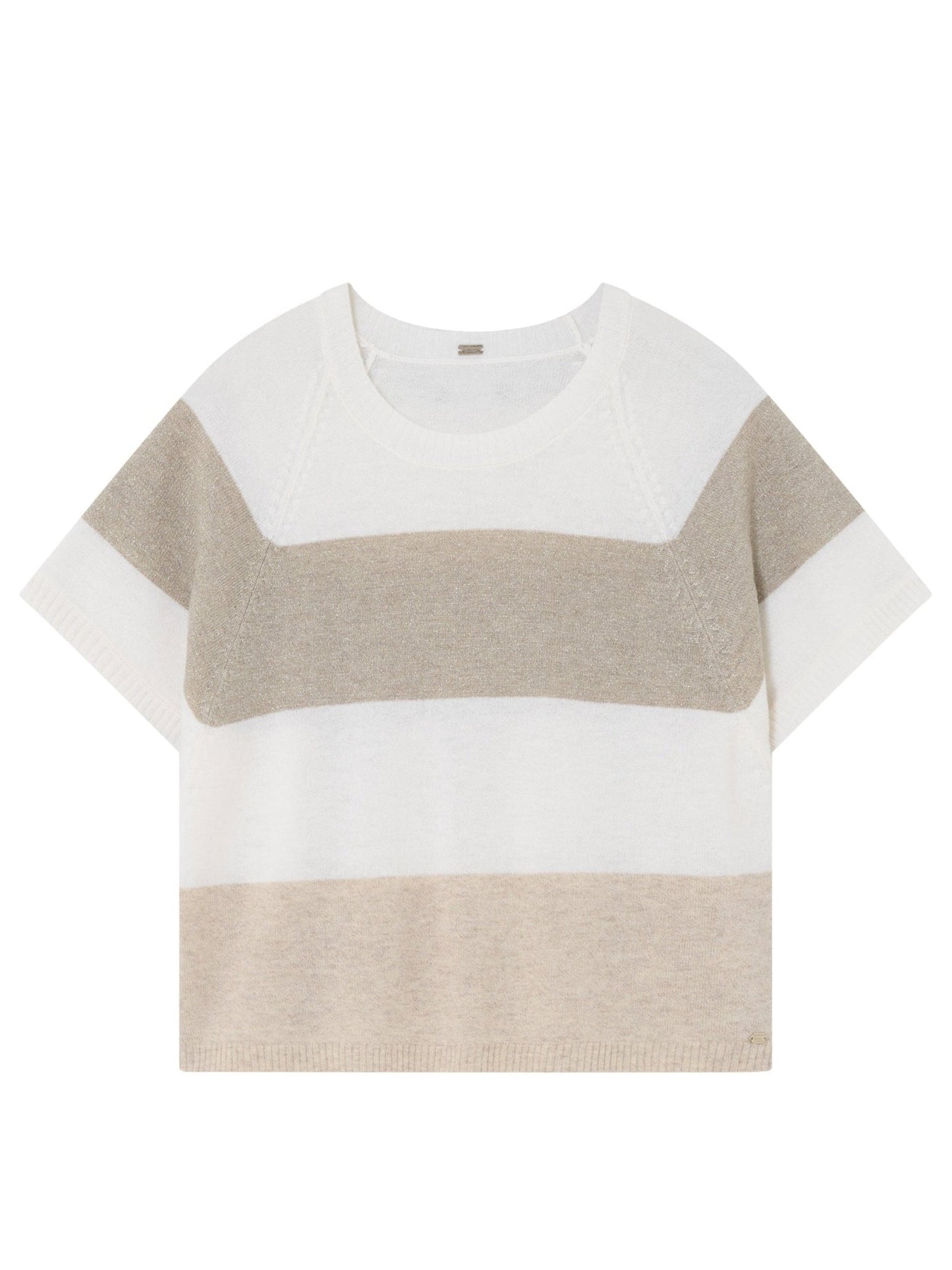 Gustav Celma Off White: kortærmet striktrøje med beige, taupe og hvide striber; stilfuld til fritidstøj.