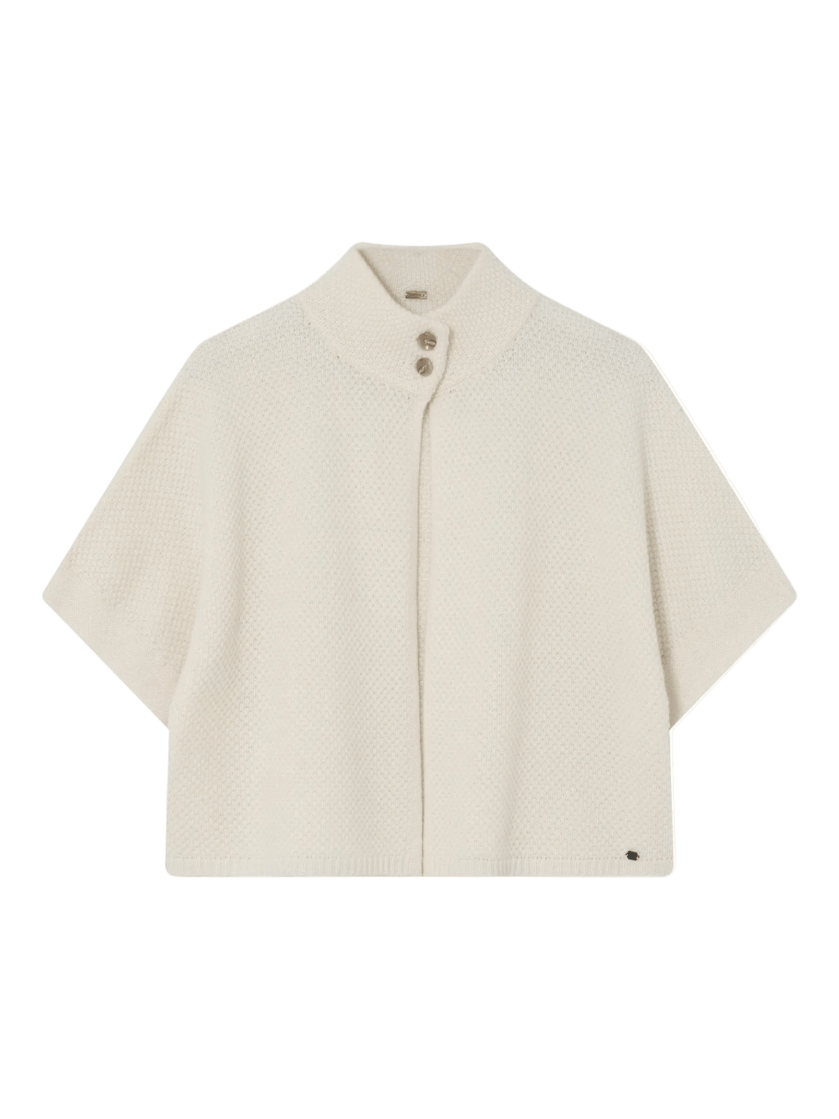 Gustav Leia Off White-cardigan: korte ærmer, struktureret, opretstående krave, to knapper i nakken, metalmærke med logo.