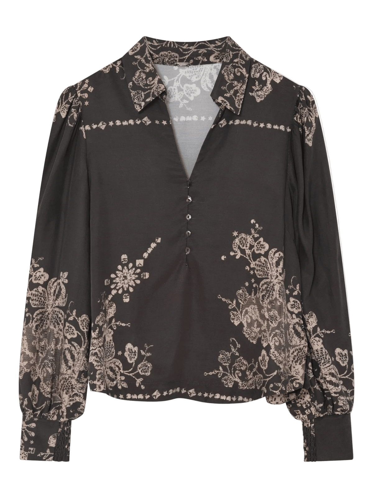 Gustav Madicen brun mønstret bluse med blomsterprint, V-udskæring, knapper, lange ærmer og spids krave.