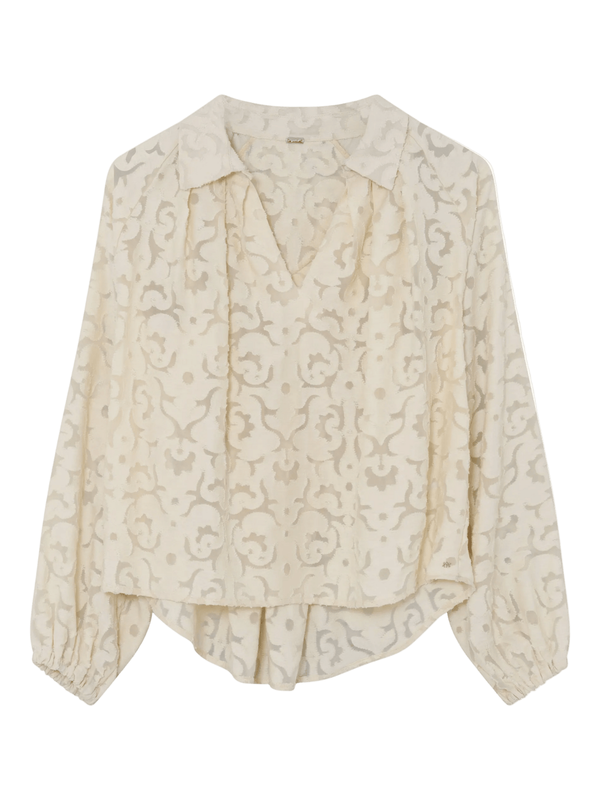 Gustav Somaya: Offwhite bluse med blomstermønster, V-udskæring, elastiske manchetter og struktur, vist på hvid baggrund.