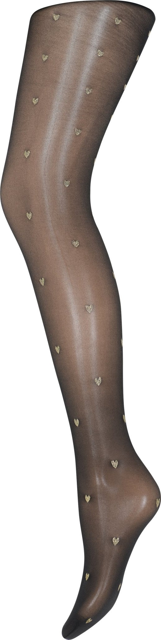 HYPE THE DETAIL Heart Gold 30 den: Sorte strømpebukser med guldfarvede hjerter, der giver et elegant, festligt look.