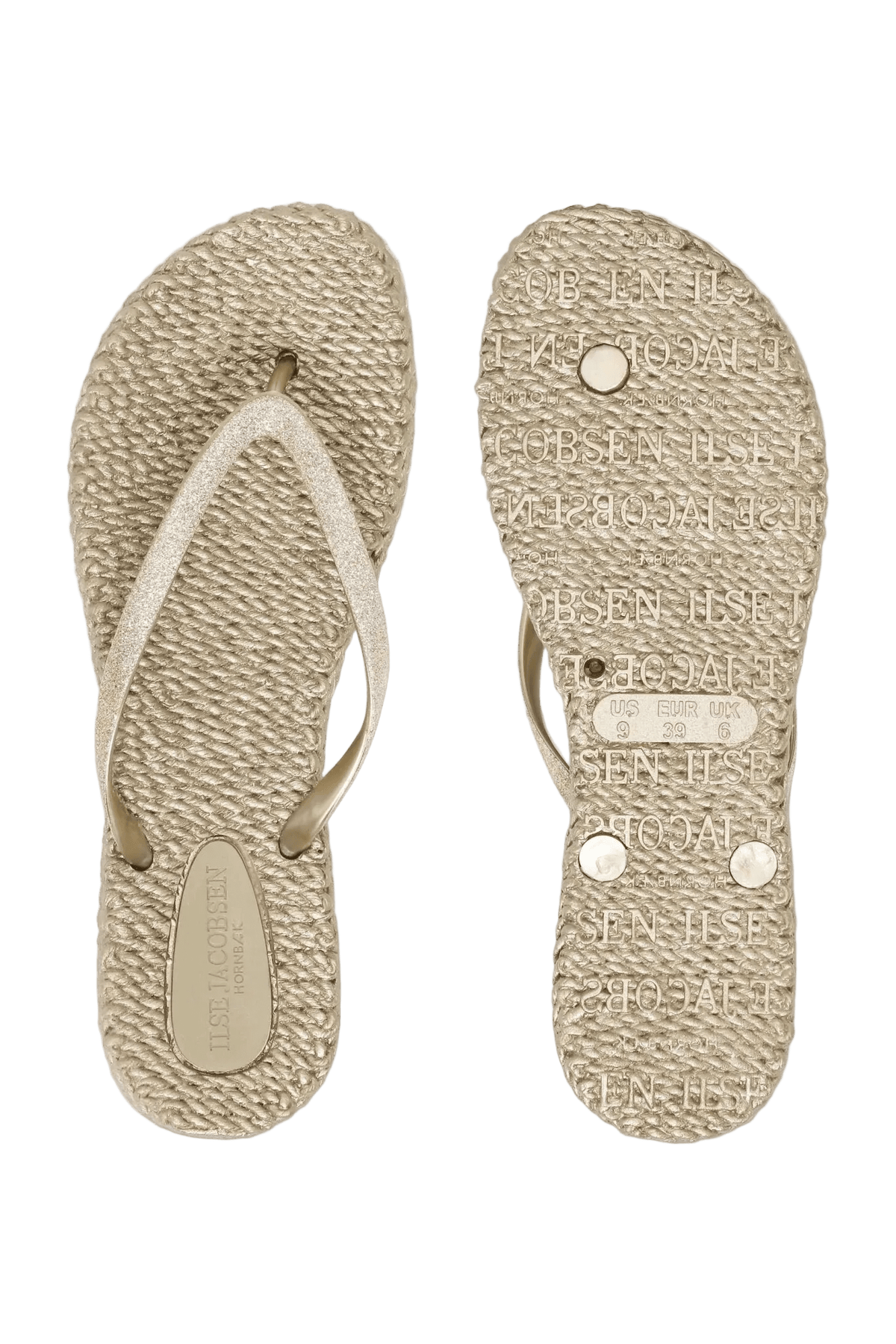 Et par Ilse Jacobsen 155221 flip-flops med glitter i guld, vist ovenfra og nedenfra på en ensfarvet hvid baggrund.