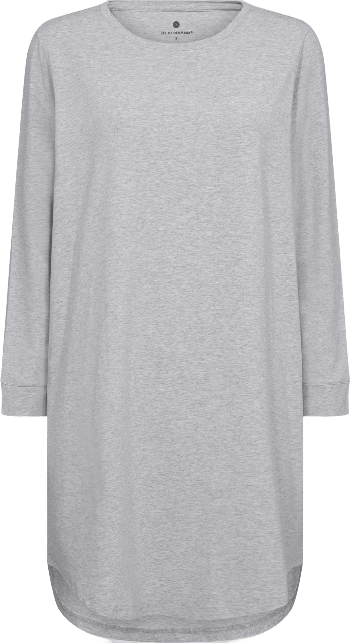 Lysgrå LS Big Tee i bambusblanding fra JBS of Denmark; knælangt, behageligt hjemmetøj med lange ærmer og rund hals.