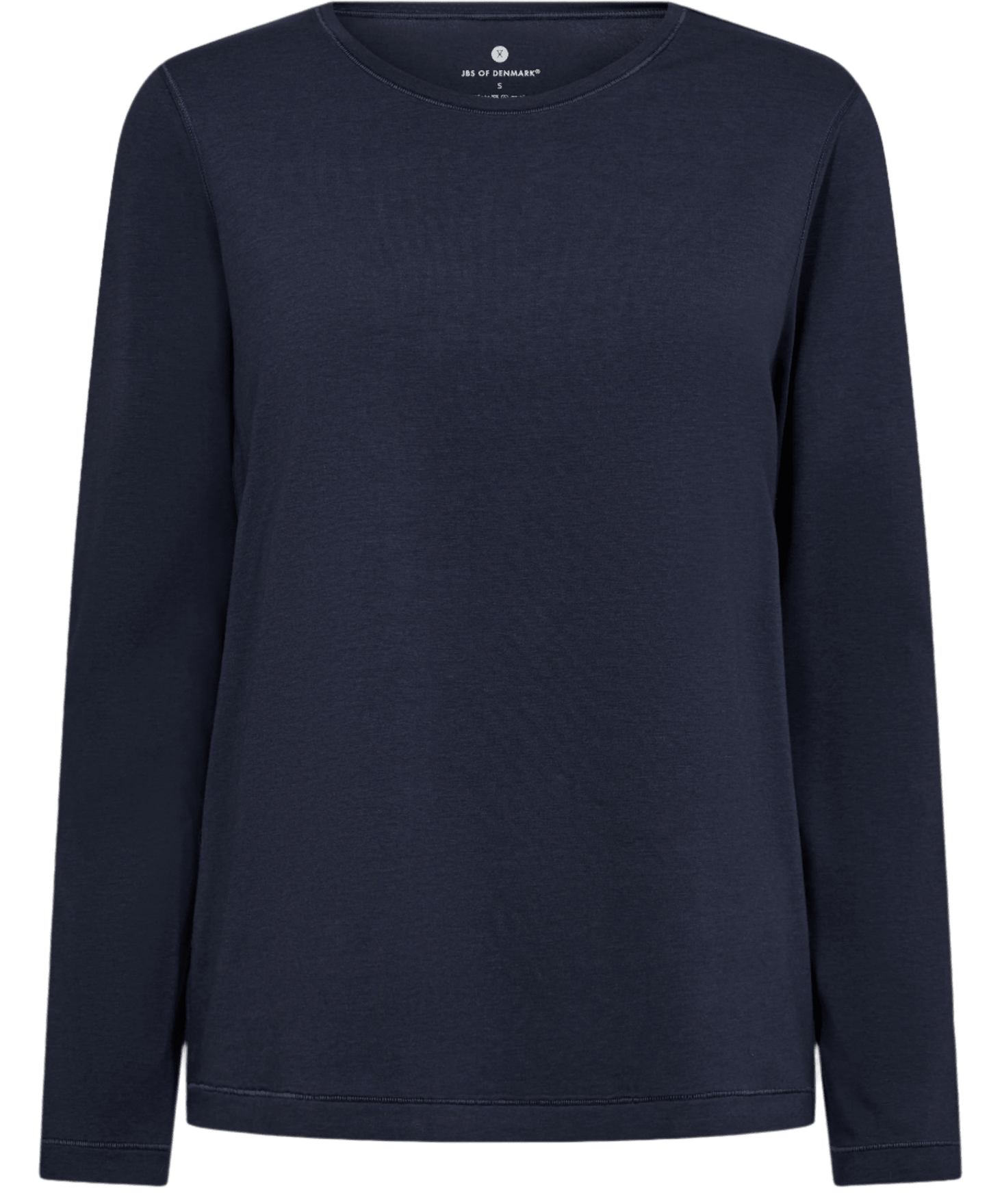 JBS fra Danmark 149272 – langærmet T-shirt med rund hals i bambusblanding, mørkeblå, vist på hvid baggrund.