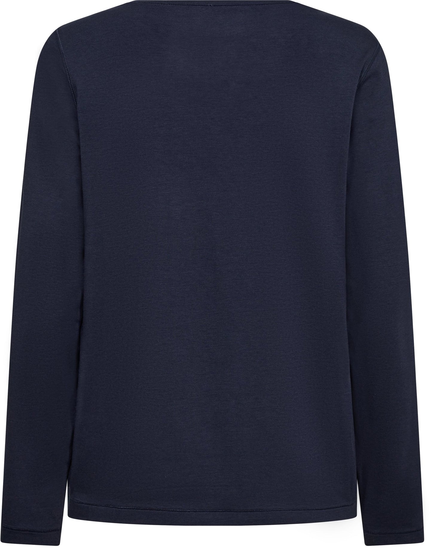 Bagsiden af en ensfarvet, mørkeblå T-shirt i bambusblanding fra JBS i Danmark; rund halsudskæring, ingen synlige motiver eller mønstre.