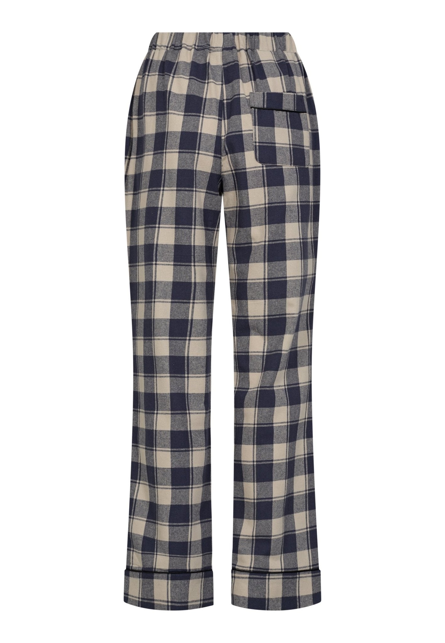 JBS fra Danmark 152441 flannelbukser i marineblå/beige ternet mønster med elastik i taljen og påsyet lomme foran.