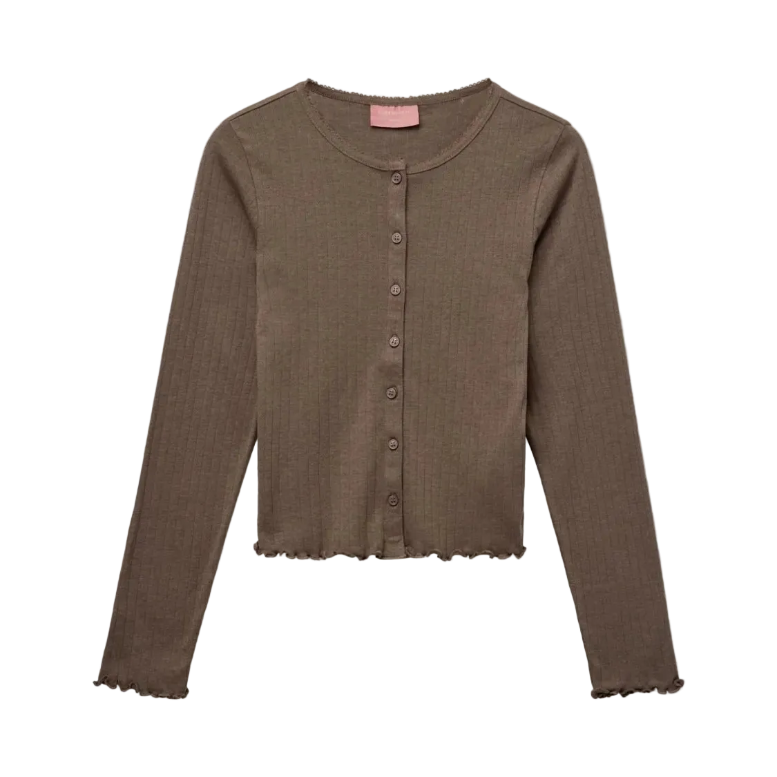Kopenhaken Soft Brun cardigan: brun ribstrikket bomuld, knapper, bølget kant, lange ærmer.
