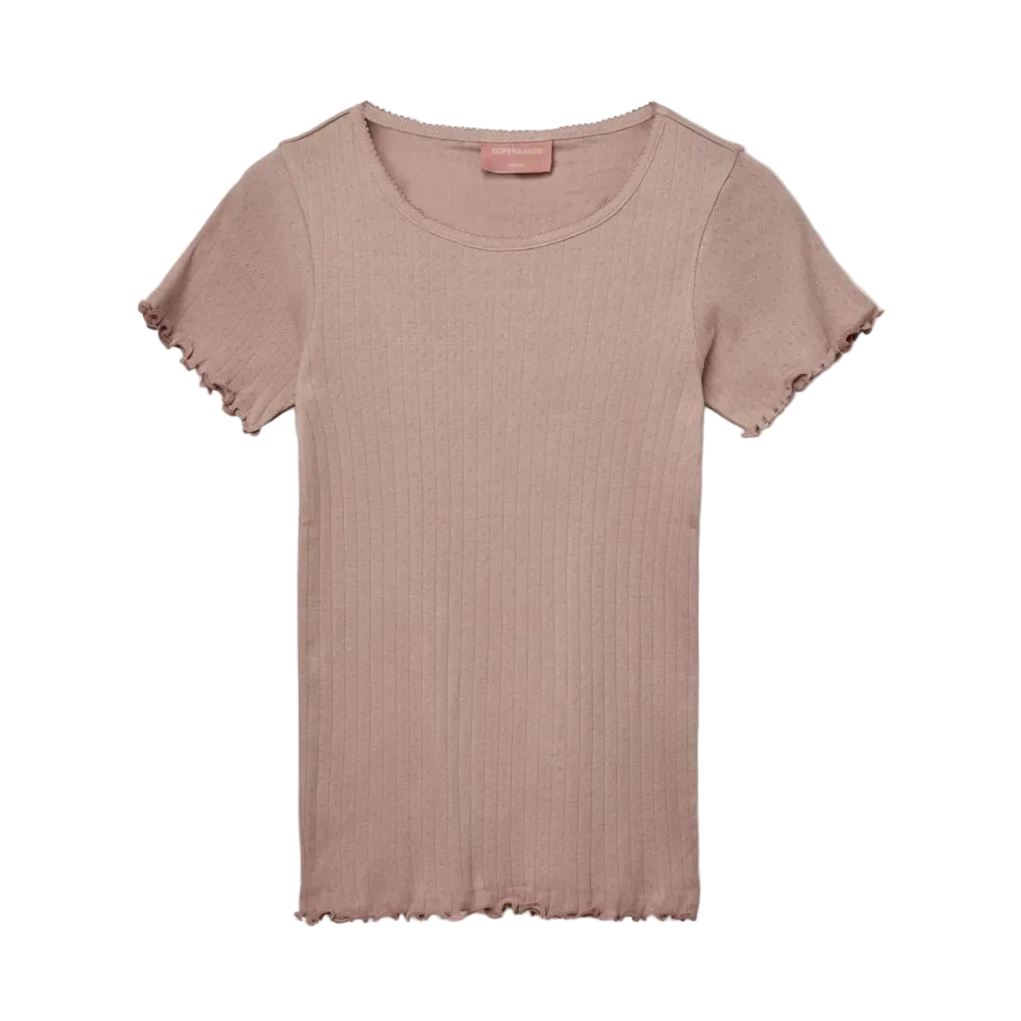 Kopenhaken Soft T-shirt, gammelrosa: 100  bomuld, korte ærmer, lysebrun ribkant og bølget kant, lagt fladt.