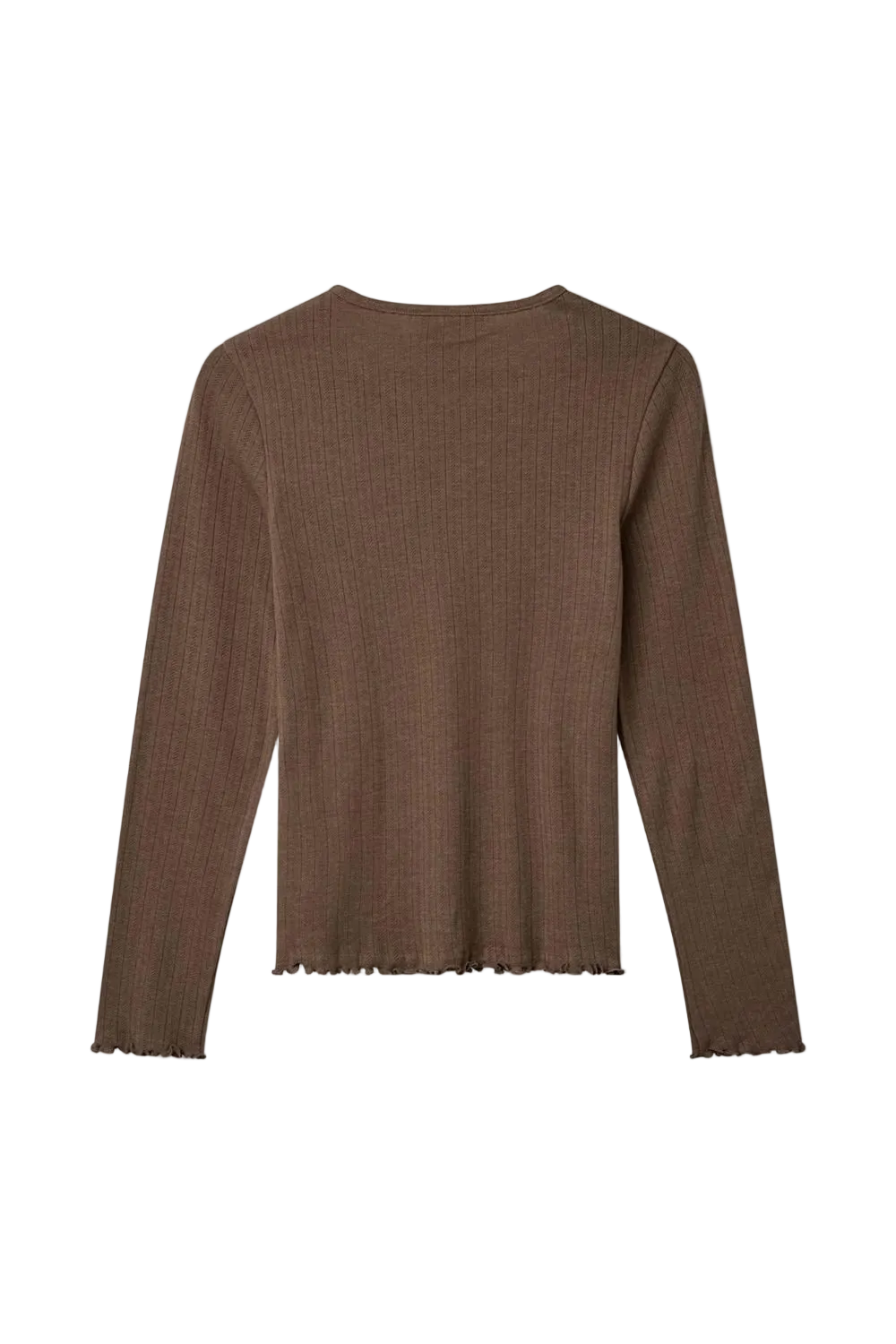 Kopenhaken 155687 Soft Brun – ribbet langærmet bluse med rund halsudskæring og bølget kant, set bagfra.