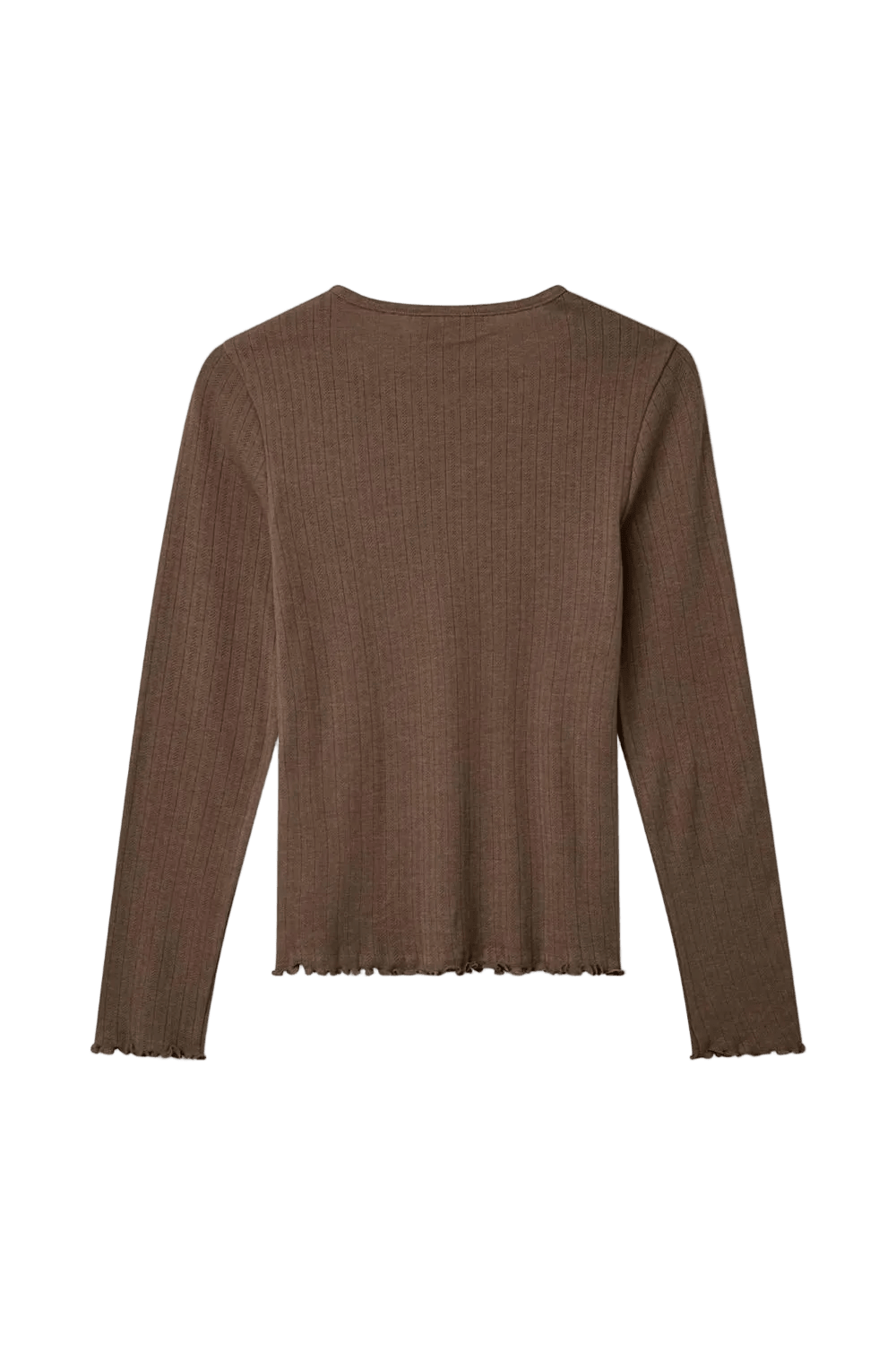 Kopenhaken 155687 Soft Brun – ribbet langærmet bluse med rund halsudskæring og bølget kant, set bagfra.