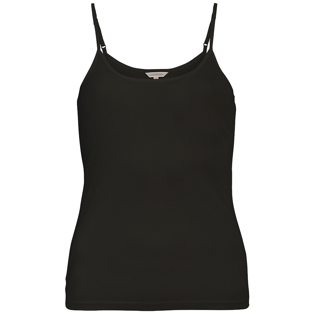 Lady Avenue Pure Silk SORT silketop 035089, sort med spaghettistropper, vist på en ensfarvet hvid baggrund.