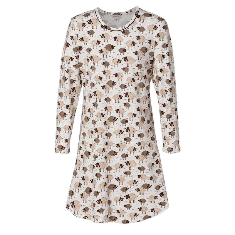 Lady Avenue 156386 – en off-white langærmet natkjole med et mønster over hele kjolen bestående af brune og cremefarvede får.