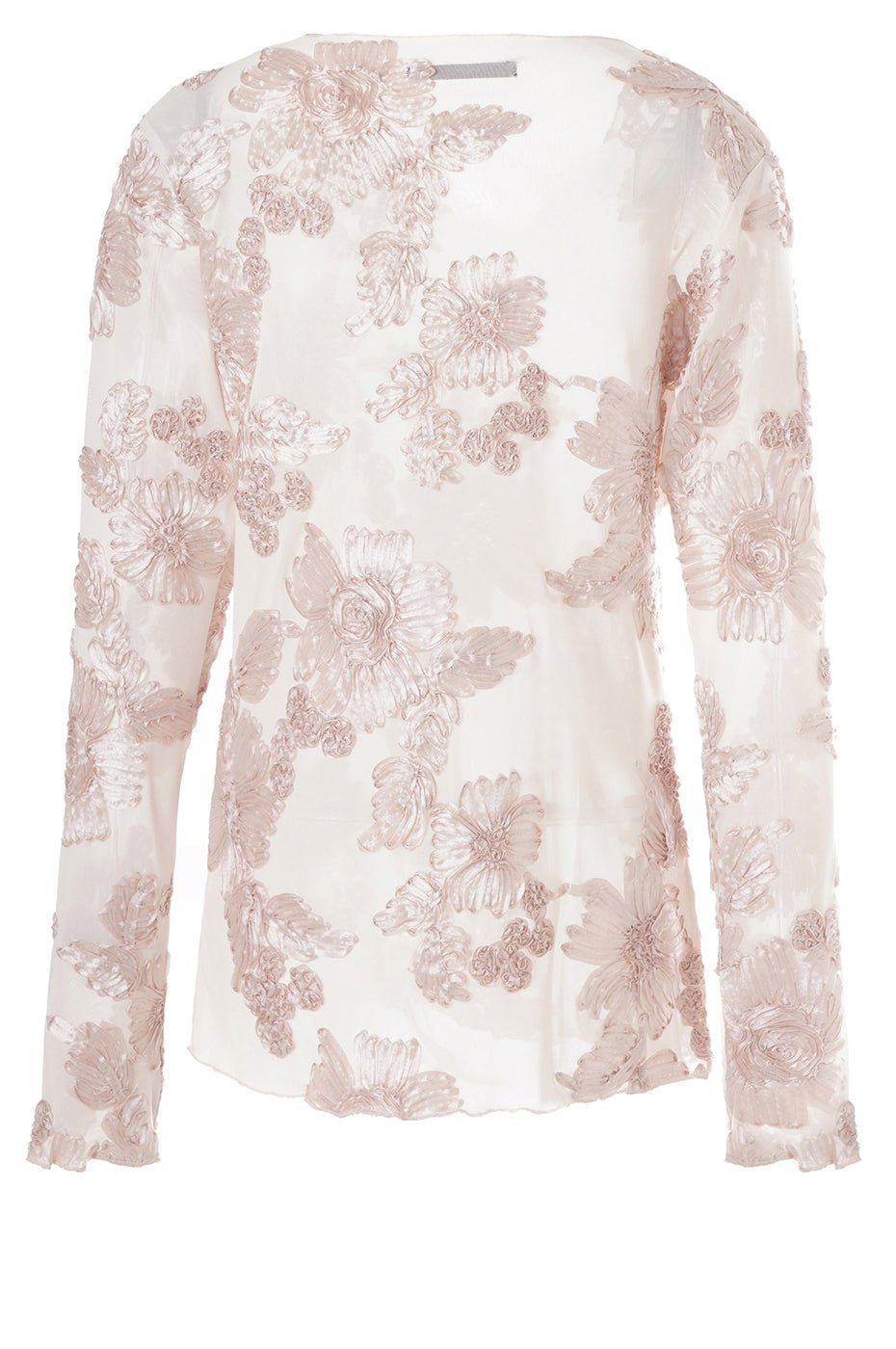 Luxzuz Florana Sand: gennemsigtig bluse i netstof med lyserøde blomster på cremefarvet baggrund, vist på hvid baggrund.