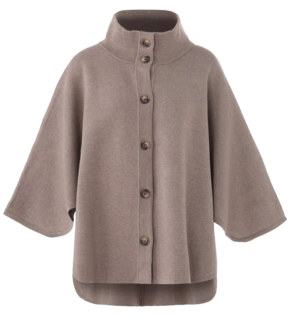 Luxzuz Birdie Brun: taupefarvet poncho med knapper, brede ærmer, høj krave og afslappet pasform – fra Luxzuz.